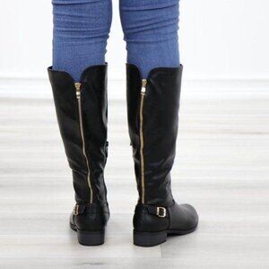 Black Moto Mid Calf Boots Faux Leather Buckle Strap Low Heel